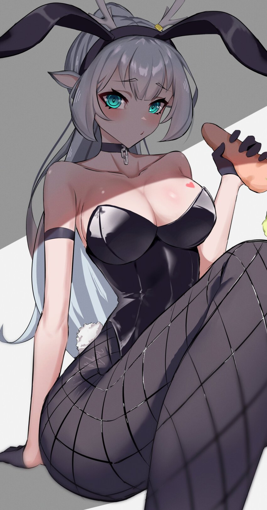 1girl absurdres animal_ears antlers aqua_eyes arm_strap bare_shoulders black_choker black_gloves black_leotard black_pantyhose breasts chain choker cleavage collarbone commission deer_antlers deer_ears fake_animal_ears fishnet_pantyhose fishnets gloves grey_hair hakushika_iori handjob handjob_gesture heart highres holding horns large_breasts leotard long_hair pantyhose phase_connect playboy_bunny ponytail rabbit_ears rabbit_tail silva_arts solo strapless strapless_leotard tail vgen_commission virtual_youtuber