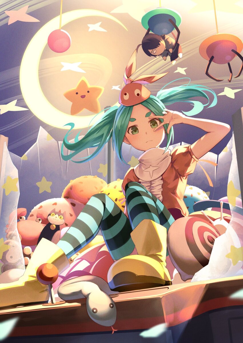 1girl aqua_hair araragi_koyomi boots broken_glass character_doll closed_mouth commentary_request controller crane_game dress floating_hair glass googly_eyes green_eyes hat highres in_crane_game joystick knees_up light_blush light_frown looking_at_viewer monogatari_(series) ononoki_yotsugi orange_dress orange_hat pantyhose parted_bangs puffy_short_sleeves puffy_sleeves rubber_boots short_eyebrows short_sleeves sitting solo split_mouth star_(symbol) striped_clothes striped_pantyhose stuffed_animal stuffed_cat stuffed_crab stuffed_monkey stuffed_snail stuffed_snake stuffed_toy taka.yana thick_eyebrows twintails w w_over_eye yellow_boots