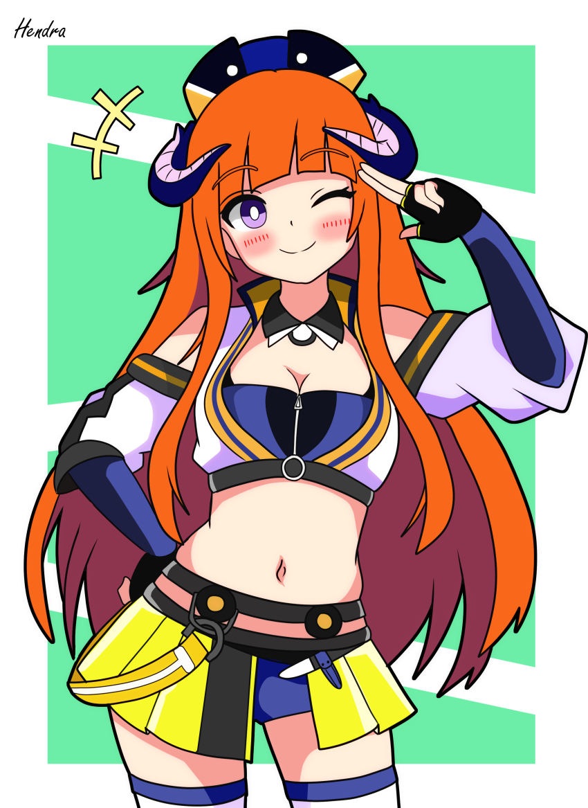 1girl ^^^ absurdres arknights artist_name bagpipe_(arknights) bagpipe_(queen_no._1)_(arknights) bandeau black_gloves black_hat blue_bandeau blue_shorts blunt_bangs blush border bright_pupils commentary_request cowboy_shot crop_top dot_nose dragon_horns fingerless_gloves front_zipper gloves green_background hand_on_own_hip hat hendra highres horns jacket long_hair looking_at_viewer navel official_alternate_costume one_eye_closed orange_hair purple_eyes race_queen salute shorts shorts_under_skirt sidelocks simple_background skirt smile solo stomach thighhighs two-finger_salute white_background white_jacket white_pupils white_thighhighs yellow_skirt zipper