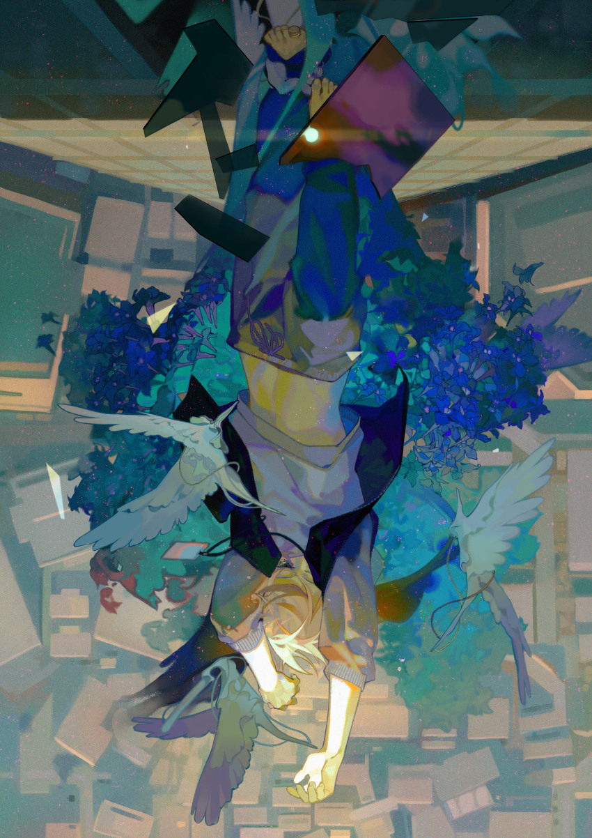 1boy absurdres arms_up bird black_pants blonde_hair classroom covered_face full_body highres indoors jacket jewelry knee_up lanyard male_focus midriff_peek necklace open_clothes open_jacket original pants solo standing standing_on_one_leg three-quarter_sleeves upside-down white_bird xiaoquandianer