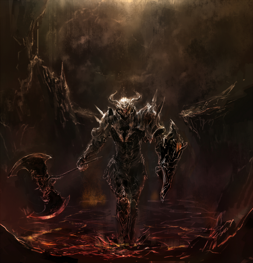 androgynous armor axe breastplate fake_horns faulds full_armor gender_request gradient_background greaves helm helmet highres horned_helmet horns knight makai_no_juumin neon_trim orange_eyes original pauldrons shield shoulder_armor solo weapon