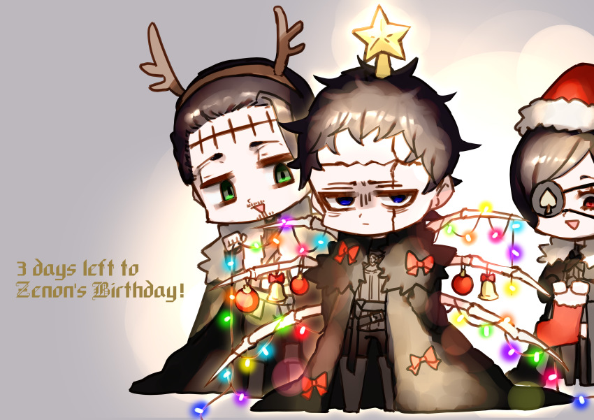 1girl 2boys absurdres antlers black_clover black_hair blue_eyes bone chibi christmas christmas_lights christmas_stocking coat dante_zogratis english_text eyepatch frit_2 fur_trim green_eyes hat highres horns looking_away multiple_boys open_mouth red_eyes santa_hat short_hair siblings smile vanica_zogratis zenon_zogratis