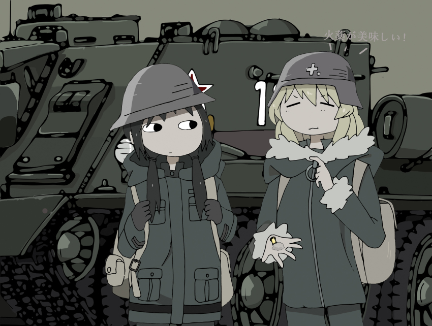 2girls artist_request assault_gun black_eyes black_hair blonde_hair caterpillar_tracks chito_(shoujo_shuumatsu_ryokou) green_background hat helmet highres military combat_helmet military_vehicle motor_vehicle multiple_girls shoujo_shuumatsu_ryokou stahlhelm su-100 tank tank_destroyer yuuri_(mermaid_melody_pichi_pichi_pitch)