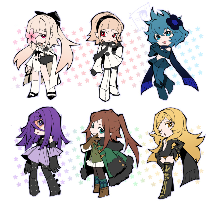 6+girls black_bow black_hairband blonde_hair blue_hair boots bow breasts brown_hair chibi child&#039;s_drawing coat drag-on_dragoon drag-on_dragoon_3 dress five_(drag-on_dragoon) flower flower_over_eye four_(drag-on_dragoon) fur_trim gloves hair_bow hairband hand_on_own_hip highres long_hair medium_breasts mole mole_under_eye multiple_girls neekosiah one_(drag-on_dragoon) one_eye_closed open_mouth own_hands_together panty_&amp;_stocking_with_garterbelt parody parted_lips pink_flower purple_eyes purple_hair red_eyes scarf short_hair skirt small_breasts standing style_parody three_(drag-on_dragoon) two_(drag-on_dragoon) yellow_eyes zero_(drag-on_dragoon)