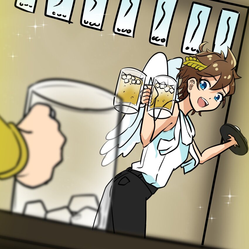 1boy ahoge alternate_costume angel angel_wings beer_mug black_pants blue_eyes brown_hair commentary_request cup highres holding holding_tray ice ice_cube kid_icarus kid_icarus_uprising laurel_crown male_focus mug nintendo pants pit_(kid_icarus) shirt sleeveless sleeveless_shirt solo_focus sparkle tray white_shirt wings yumeha_(newtaku3)