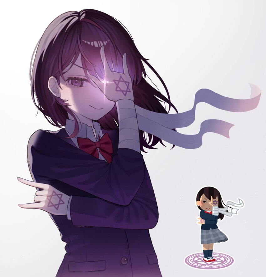 051_ogoli 1girl \m/ \n/ bandaged_arm bandages blue_jacket bow bowtie brown_hair chuunibyou closed_mouth collared_shirt glowing glowing_eye grey_skirt hexagram highres irasutoya irasutoya_challenge jacket long_hair long_sleeves looking_at_viewer magic_circle mole mole_under_eye pleated_skirt purple_eyes red_bow red_bowtie reference_inset school_uniform shirt simple_background skirt smile standing standing_on_magic_circle star_of_david upper_body v-shaped_eyebrows white_background white_shirt