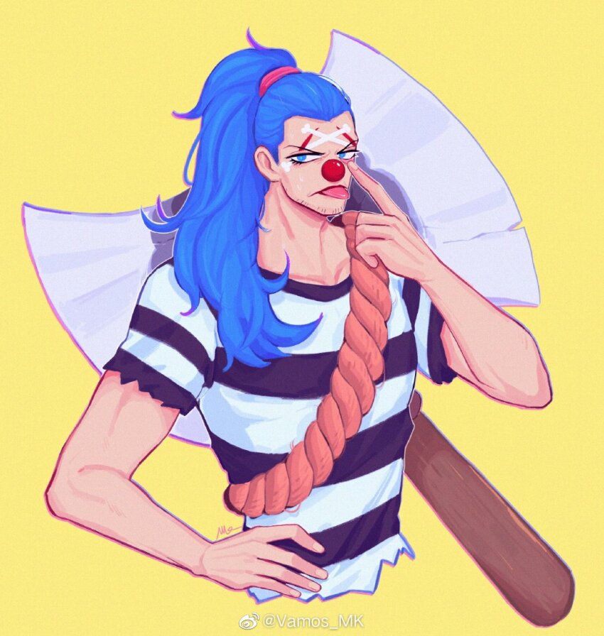 1boy axe blue_eyes blue_hair buggy_the_clown clown_nose collarbone eyelid_pull facepaint long_hair looking_at_viewer male_focus one_piece ponytail shirt short_sleeves solo striped_clothes striped_shirt tongue tongue_out vamos_mk weapon weapon_on_back yellow_background