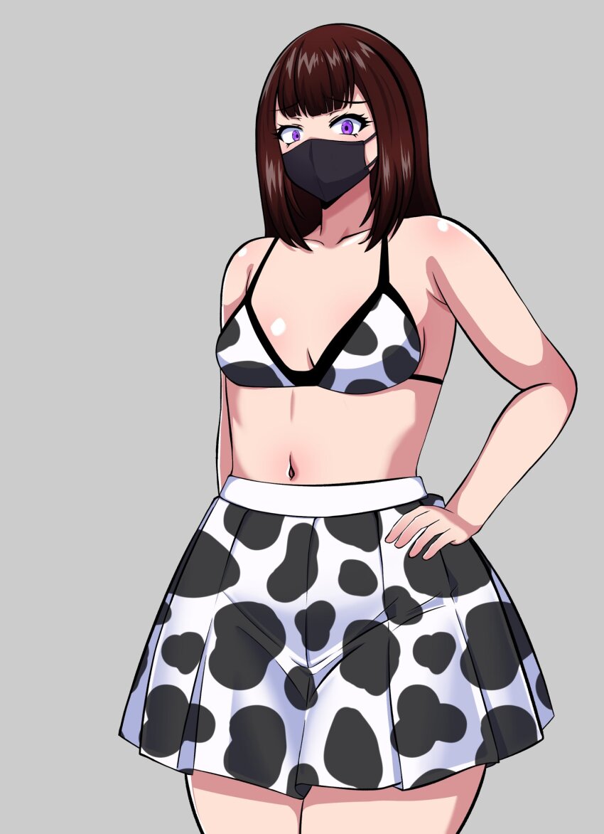1girl animal_print bikini brown_hair codeorange162 cow_print cow_print_bikini cow_print_skirt eyelashes female_focus flat_chest highres long_hair looking_at_viewer mask mouth_mask msak navel print_bikini purple_eyes shiny_skin skirt solo standing swimsuit