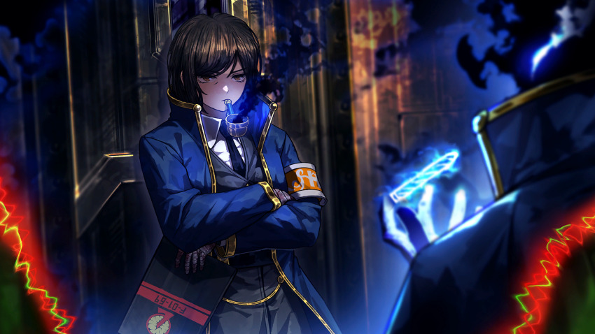 1boy 1girl armband bandaged_hand bandages black_necktie black_pants black_vest blue_coat brown_eyes brown_hair bullet clipboard coat collared_shirt crossed_arms der_freischuetz_(project_moon) e.g.o_(project_moon) game_cg glowing glowing_eyes highres holding holding_bullet holding_clipboard indoors limbus_company lobotomy_corporation long_sleeves magic_bullet_(e.g.o) nai_ga necktie official_art outis_(project_moon) pants project_moon shirt short_hair smoke smoking_pipe standing vest white_shirt wing_collar