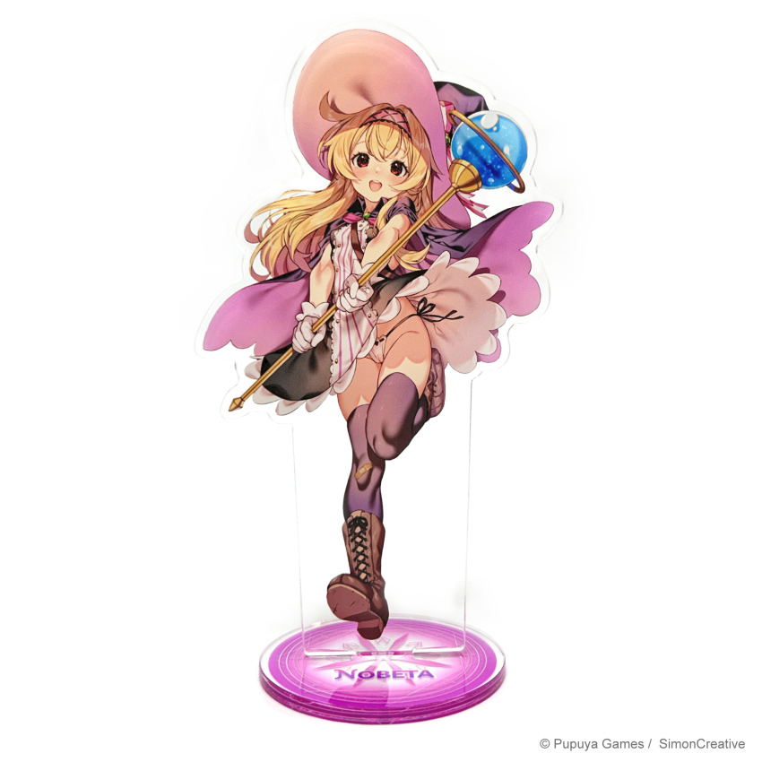 1girl blonde_hair boots breasts cape commentary copyright_notice dress full_body gloves hat highres holding holding_wand kink_(tortoiseshell) knees little_witch_nobeta long_hair nobeta nobeta_(witch_skin) official_art open_mouth panties purple_cape shoes simple_background small_breasts solo striped_clothes striped_dress thighhighs thighs underwear vertical-striped_clothes vertical-striped_dress very_long_hair wand white_background white_gloves witch witch_hat