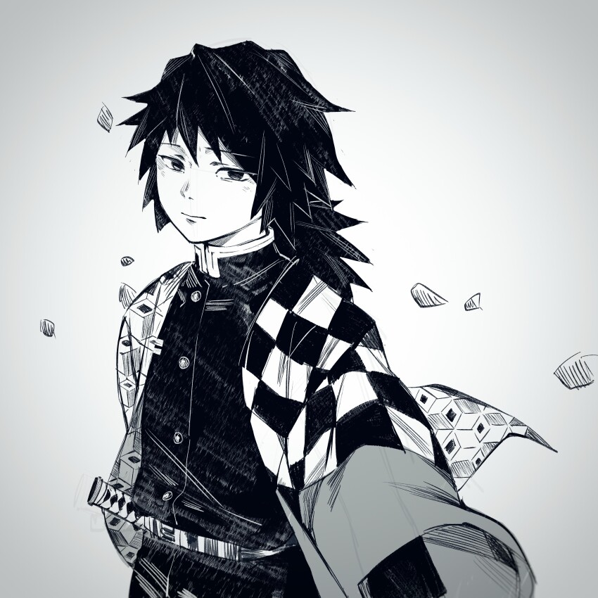 1boy absurdres amo_(amo_0514) belt buttons checkered_haori closed_mouth commentary_request demon_slayer_uniform floating_clothes greyscale haori highres jacket japanese_clothes katana kimetsu_no_yaiba long_hair long_sleeves looking_at_viewer looking_to_the_side male_focus mandarin_collar monochrome open_clothes ponytail sheath sheathed simple_background solo sword tomioka_giyuu upper_body weapon white_background wide_sleeves