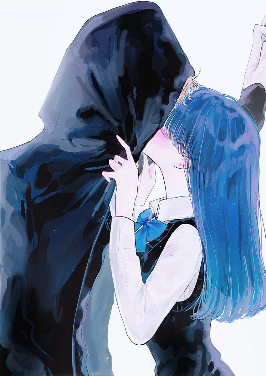 1boy 1girl absurdres black_jacket black_sweater_vest blonde_hair blue_bow blue_bowtie blue_hair bow bowtie collared_shirt commentary_request hetero highres hood hood_up hooded_jacket hoshino_aquamarine jacket kiss kurokawa_akane long_hair long_sleeves monthi oshi_no_ko school_uniform shirt simple_background sweater_vest upper_body white_background white_shirt