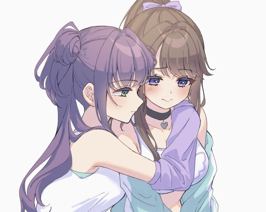 2girls 3: aqua_jacket arms_around_neck black_choker blush breasts brown_hair choker closed_mouth collarbone commentary_request detached_sleeves don_quijote_(store) fujishima_megumi green_eyes hair_bun hair_ribbon heart heart_choker high_ponytail highres hiyori_(20hiyori727) jacket large_breasts like_and_redraw_challenge link!_like!_love_live! long_hair long_sleeves love_live! multiple_girls off_shoulder official_alternate_costume otomune_kozue ponytail purple_eyes purple_hair purple_ribbon purple_sleeves redrawn ribbon shirt side_ponytail sidelocks simple_background single_side_bun sleeveless sleeveless_shirt split_mouth sports_bra upper_body virtual_youtuber white_background white_shirt white_sports_bra yuri