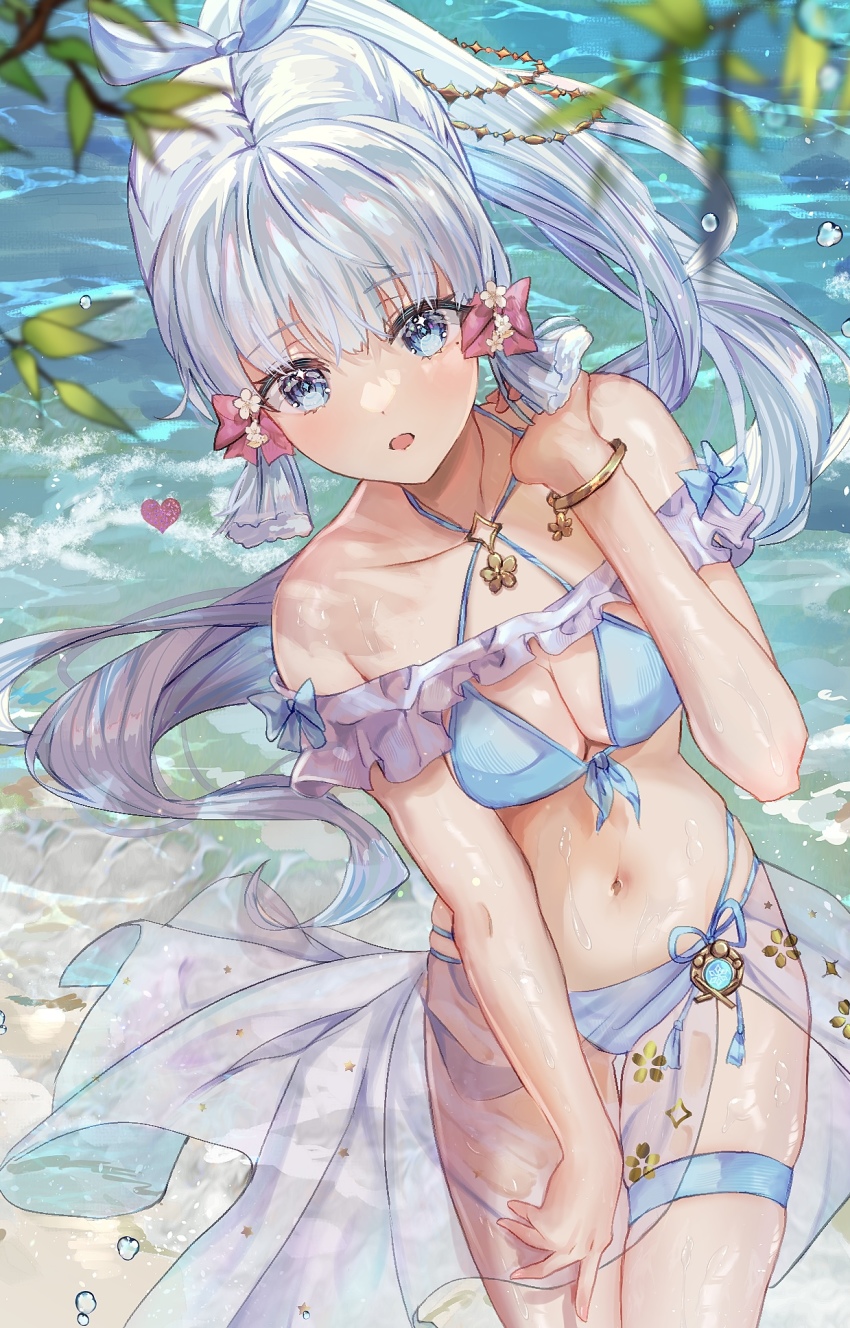 1girl ayaka_(genshin_impact) bare_shoulders beach bikini blue_bikini blue_eyes blue_hair blunt_bangs blush breasts cleavage collarbone genshin_impact highres isuzu_(an_icy_cat) light_blue_hair long_hair looking_at_viewer medium_breasts navel open_mouth ponytail sarong shore sidelocks smile solo swimsuit thighs