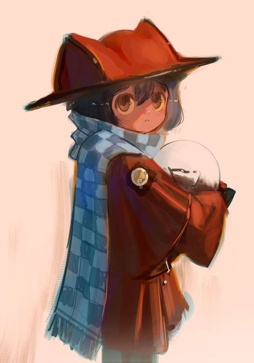 1other :&lt; absurdres androgynous animal_hat belt blue_hair blue_scarf brown_belt brown_capelet brown_coat brown_eyes brown_hat buttons capelet cat_hat checkered_clothes checkered_scarf child closed_mouth coat colored_sclera commentary cowboy_shot from_side hair_between_eyes hashtag-only_commentary hat highres holding_bulb light_bulb long_sleeves looking_at_viewer making-of_available medium_hair niko_(oneshot) oneshot_(game) orange_background other_focus patch scarf shadches72 solo yellow_sclera