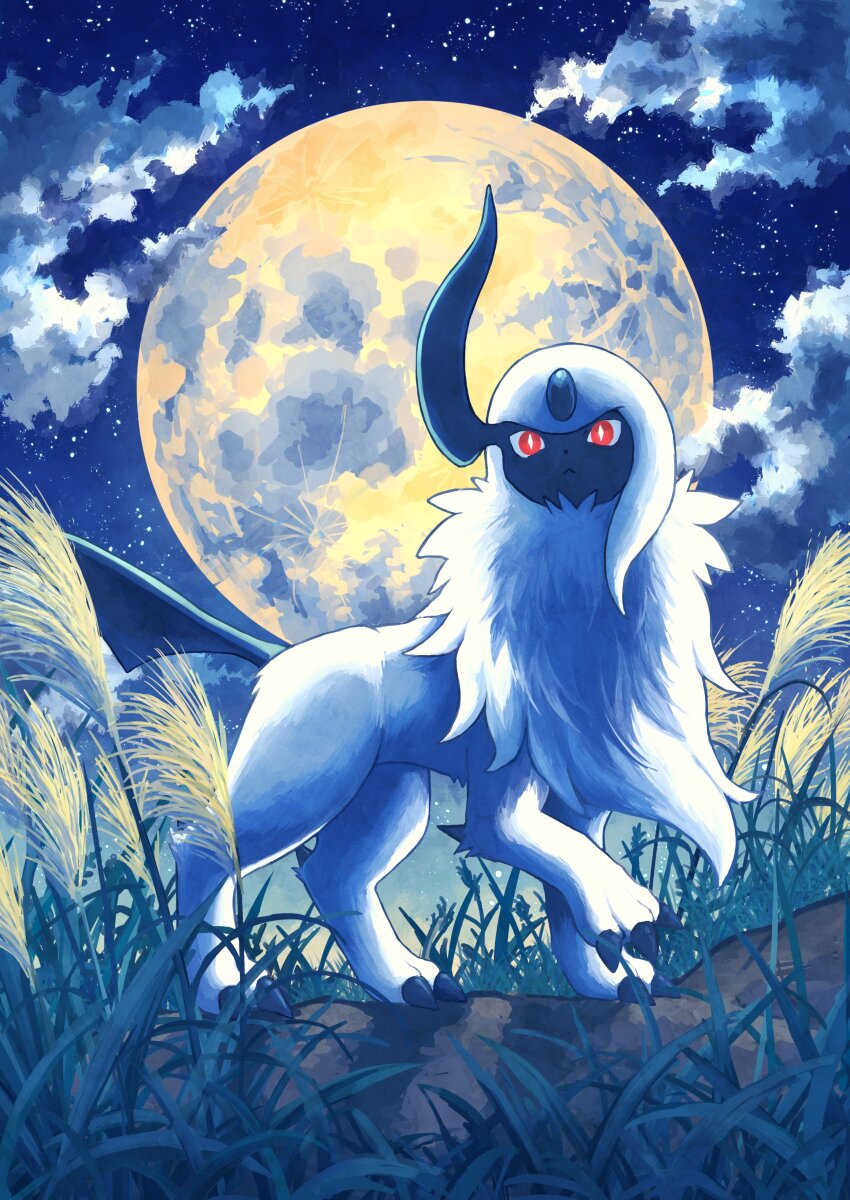 7_phi_3 absol absurdres bright_pupils claws forehead_jewel full_moon gen_3_pokemon grass highres horns looking_at_viewer moon nintendo no_humans outdoors pokemon pokemon_(creature) red_eyes single_horn solo white_hair white_pupils