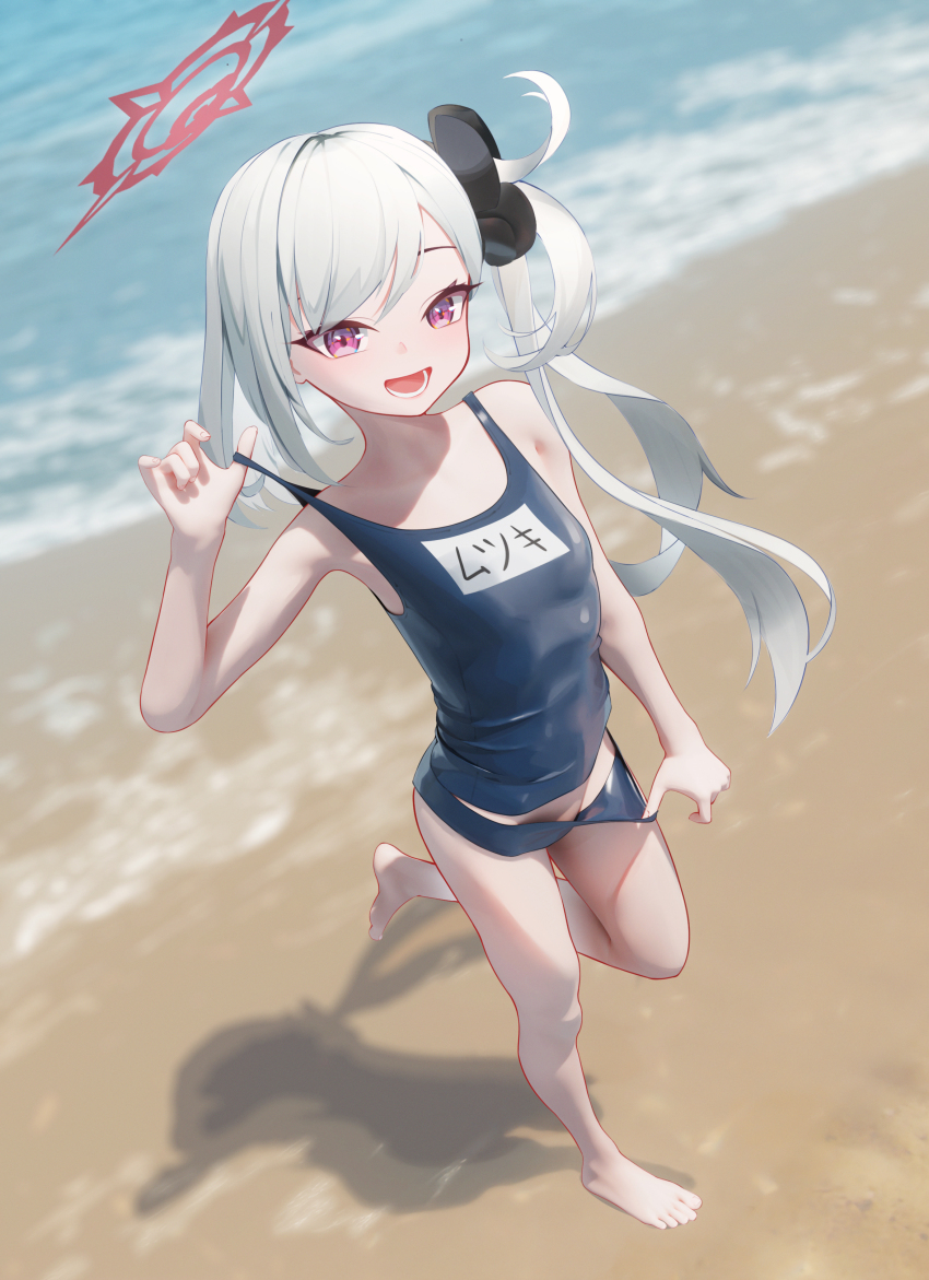 1girl absurdres bare_arms bare_legs bare_shoulders barefoot beach black_one-piece_swimsuit black_scrunchie blue_archive breasts commentary grey_hair hair_ornament hair_scrunchie halo highres long_hair mr_ito mutsuki_(blue_archive) name_tag ocean one-piece_swimsuit open_mouth outdoors pink_eyes red_halo school_swimsuit scrunchie side_ponytail small_breasts smile solo standing swimsuit water