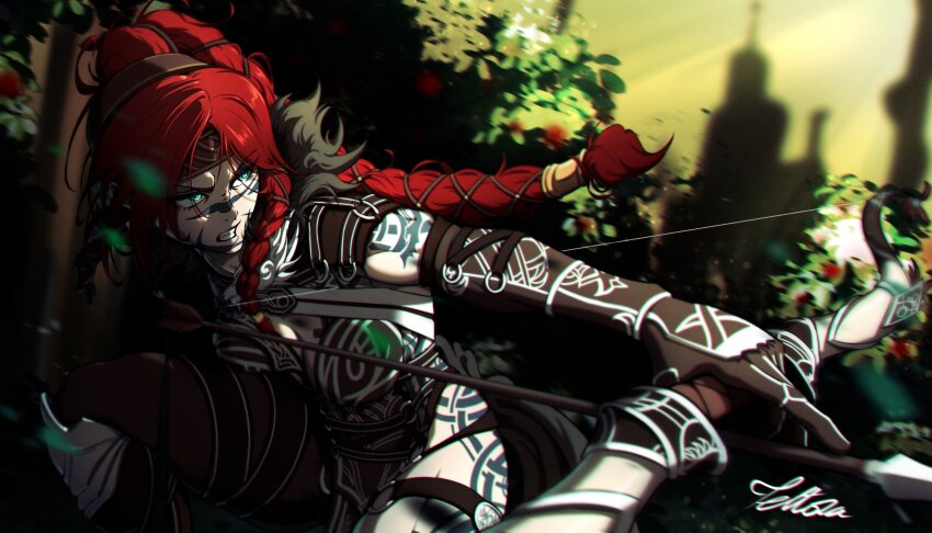 1girl absurdres arrow_(projectile) bow_(weapon) eir_stegalkin guild_wars_(series) guild_wars_1 guild_wars_2 highres ponytail red_hair tattoo tettora weapon