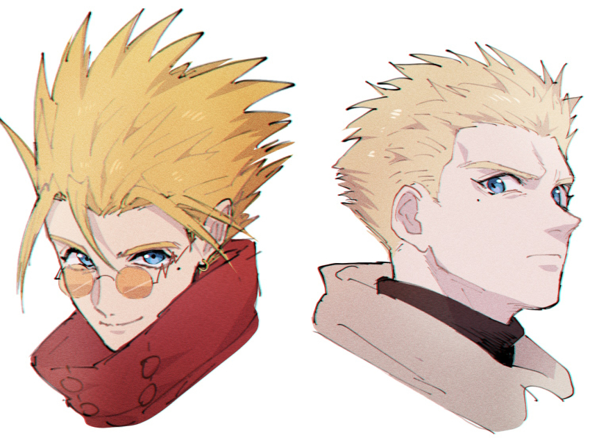 2boys blonde_hair collared_jacket earrings jacket jewelry looking_at_viewer male_focus millions_knives mohimohinosiri mole mole_under_eye multiple_boys orange-tinted_eyewear portrait red_jacket round_eyewear short_hair single_earring spiked_hair tinted_eyewear trigun trigun_maximum vash_the_stampede white_background