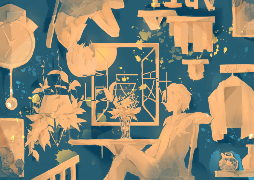 1boy 1girl bare_legs blue_background bob_cut book cactus chair chinese_commentary clock closed_eyes clothesline collared_jacket collared_shirt commentary_request crossed_legs dinned faceless faceless_male feet_out_of_frame from_side grey_skirt hanging_plant high-waist_skirt highres jacket limited_palette long_sleeves miniskirt on_chair open_clothes open_jacket original painting_(object) pants railing shelf shirt short_hair short_sleeves sitting skirt table unworn_jacket vase white_hair white_jacket white_pants white_shirt window