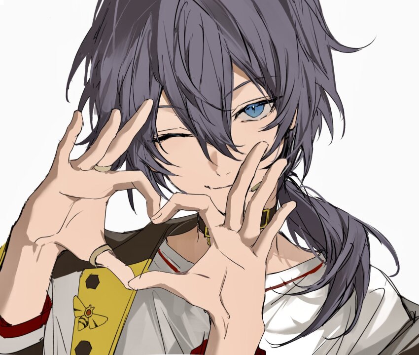 1boy black_choker blue_eyes choker commentary ensemble_stars! facing_viewer grey_hair heart heart_hands highres jewelry looking_at_viewer male_focus nozz177 one_eye_closed portrait ring shiina_niki shiina_niki_(crazy:b_uniform) simple_background smile solo symbol-only_commentary upper_body white_background