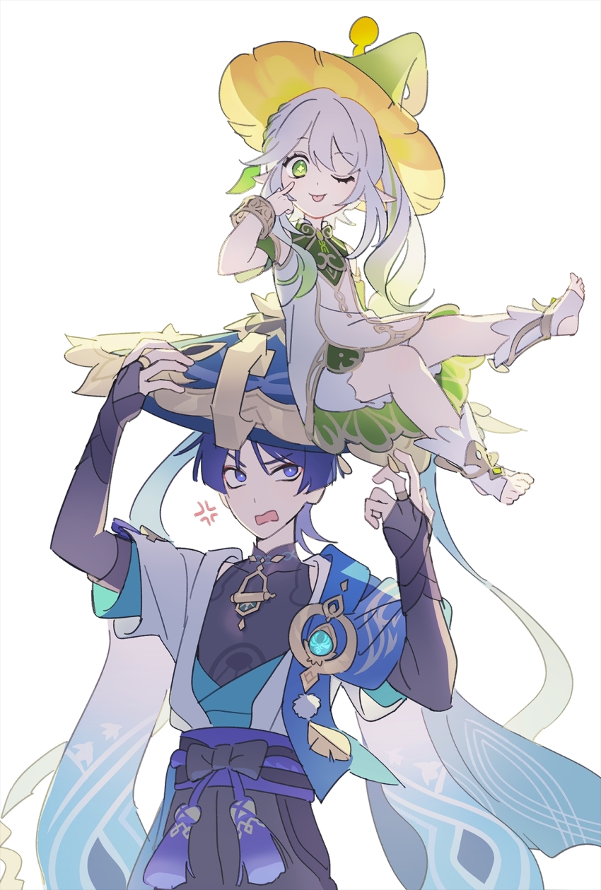 1boy 1girl akanbe angduuuu_(ghost) anger_vein armor bloomers blue_eyes blue_hair blue_hat detached_sleeves dress eyelid_pull genshin_impact green_eyes green_hat hat highres japanese_armor japanese_clothes jingasa kote kurokote looking_at_viewer nahida_(genshin_impact) one_eye_closed open_mouth pointy_ears ponytail scaramouche_(genshin_impact) simple_background sleeveless sleeveless_dress tassel tongue tongue_out underwear vision_(genshin_impact) wanderer_(genshin_impact) white_background white_bloomers white_dress white_hair