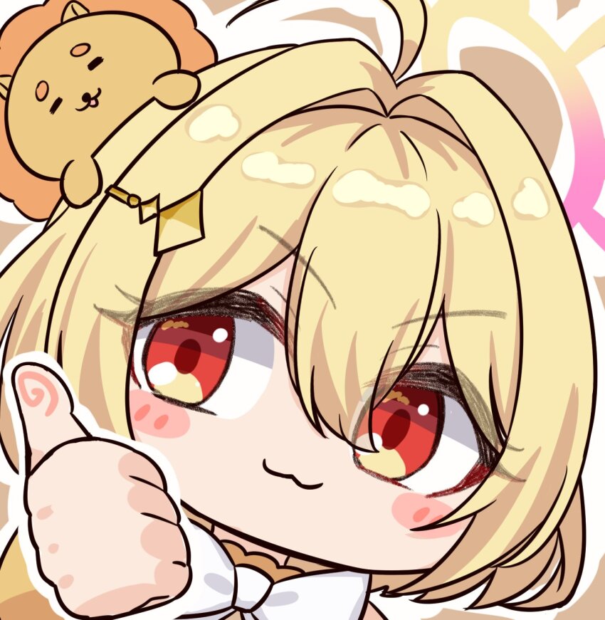 1girl :3 ahoge blonde_hair blush bow bowtie chibi closed_mouth commentary_request dutch_angle hair_between_eyes hair_intakes halo highres hinata_mashu looking_at_viewer mariooo nanashi_inc. orange_eyes portrait short_hair smile solo stuffed_animal stuffed_lion stuffed_toy thumbs_up virtual_youtuber white_bow white_bowtie yellow_halo