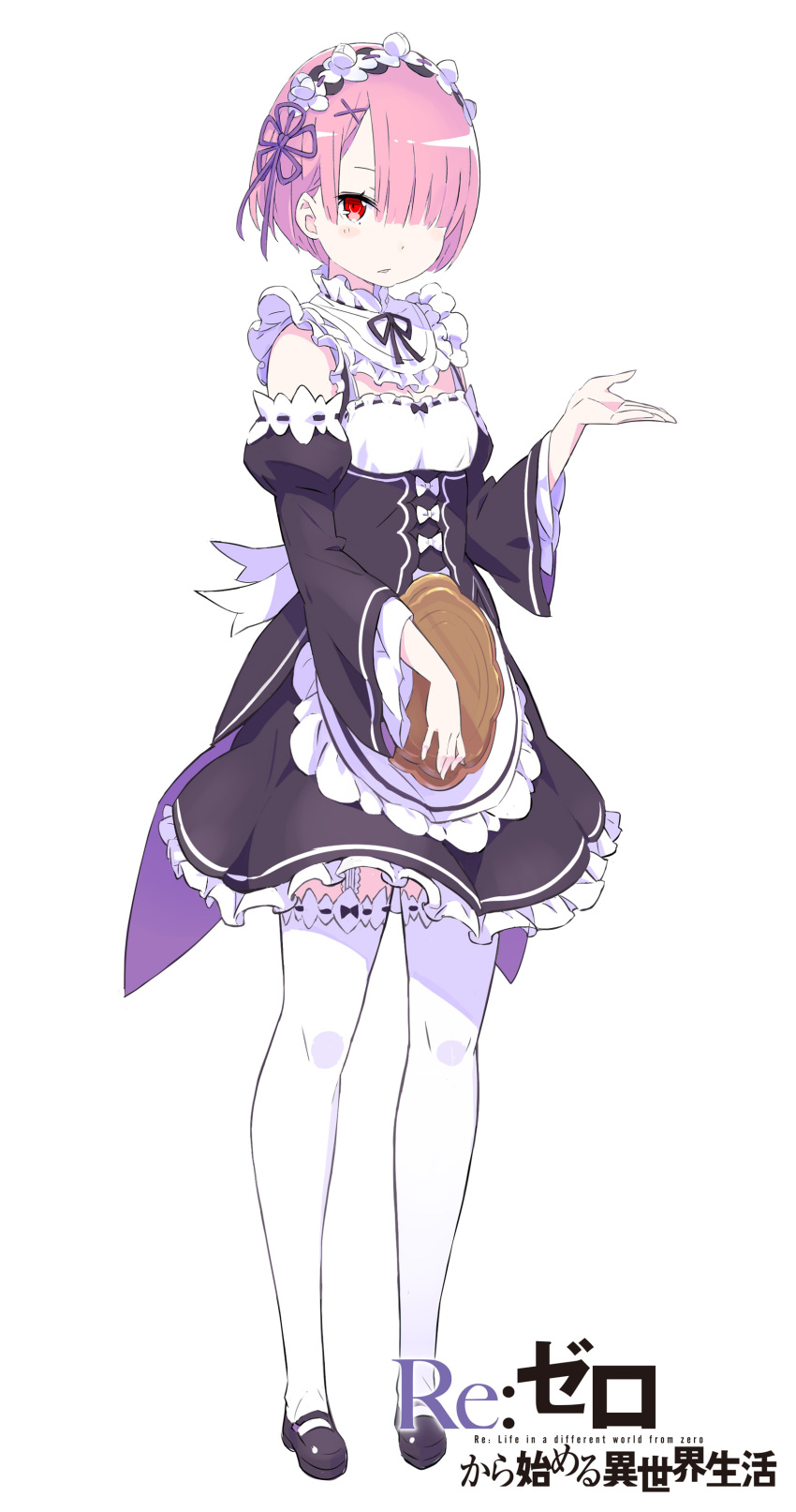 1girl absurdres apron black_dress black_ribbon black_shoes black_sleeves blush bow breasts collar commentary_request copyright_name detached_sleeves dress english_text frilled_apron frills full_body hair_ornament hair_over_one_eye hair_ribbon hand_up highres holding holding_tray looking_at_viewer maid maid_apron maid_headdress mary_janes official_art ootsuka_shin&#039;ichirou open_hand parted_lips pink_hair puffy_sleeves purple_ribbon ram_(re:zero) re:zero_kara_hajimeru_isekai_seikatsu red_eyes ribbon ribbon-trimmed_clothes ribbon_trim roswaal_mansion_maid_uniform shoes short_dress short_hair simple_background sleeveless sleeveless_dress small_breasts solo standing tachi-e thighhighs title tray tsurime waist_apron white_apron white_background white_bow white_collar white_thighhighs wide_sleeves x_hair_ornament