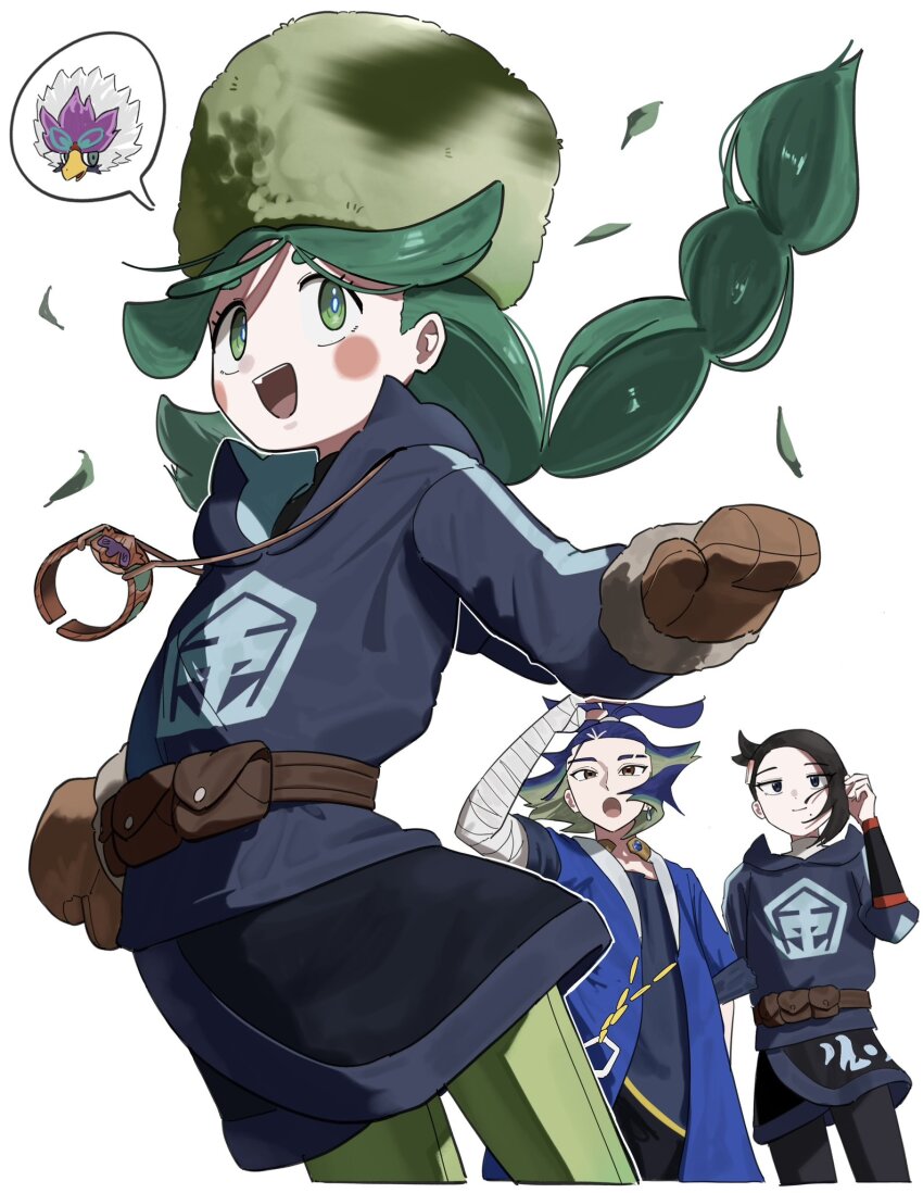 1boy 2girls :d adaman_(pokemon) black_hair black_skirt blue_coat blue_pupils blush_stickers brown_mittens coat creatures_(company) diamond_clan_outfit falling_leaves floating_hair fur_hat game_freak green_eyes green_hair green_hat green_pantyhose hat highres hisuian_braviary jacket leaf long_hair mai_(pokemon) mittens multiple_girls nintendo open_mouth pantyhose pokemon pokemon_legends:_arceus sabi_(pokemon) skirt smile spoken_character teeth tongue twintails umebosi_nigame upper_teeth_only white_background