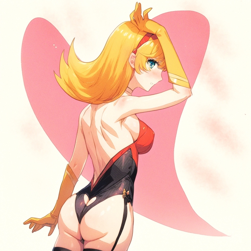 1girl ass ass_focus bare_back blonde_hair blue_eyes blush breasts clothing_cutout cosplay cutie_honey cutie_honey_(character) cutie_honey_(character)_(cosplay) cyborg cyborg_009 francoise_arnoul gloves hairband hand_on_own_head heart_cutout highres large_breasts long_hair looking_back over-kneehighs red_hairband sariokisu thighhighs yellow_gloves