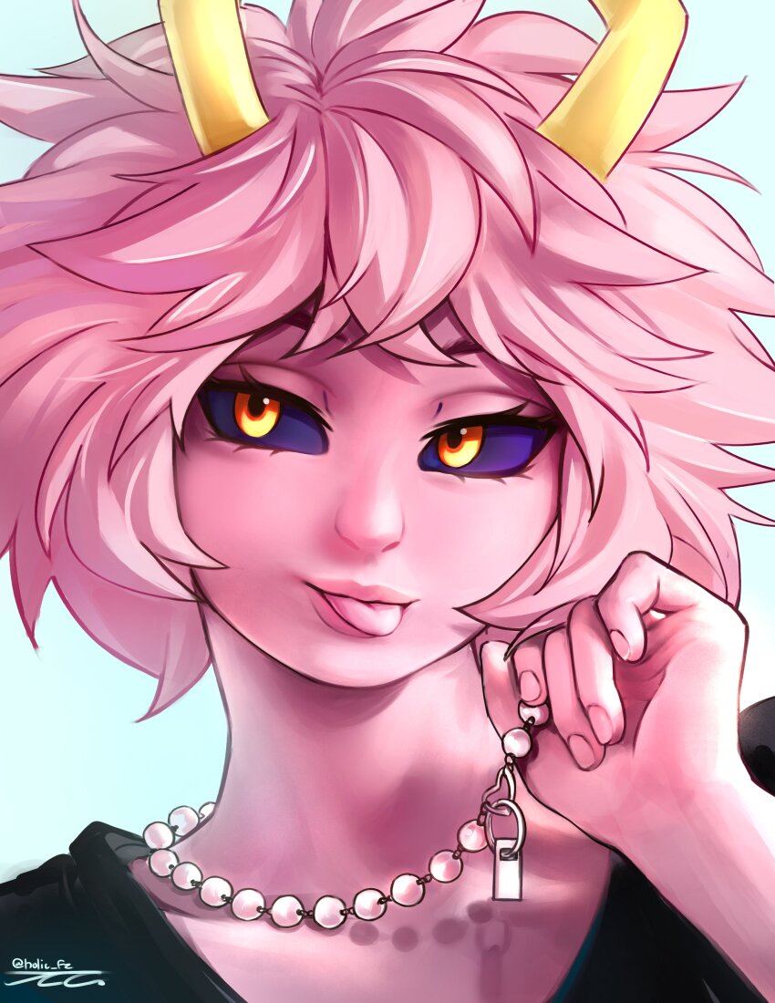 1girl absurdres alternate_costume artist_name ashido_mina bead_necklace beads black_sclera boku_no_hero_academia colored_sclera colored_skin female_focus hhholic highres jewelry necklace pink_hair pink_skin short_hair solo tongue tongue_out yellow_eyes