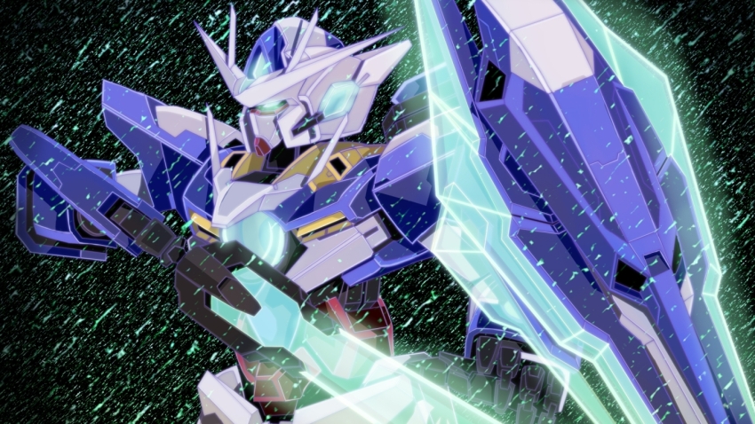 00_qan[t] commentary glowing glowing_eyes green_eyes gundam gundam_00 gundam_00_a_wakening_of_the_trailblazer holding holding_sword holding_weapon kirishima_juukougyou light_particles mecha mobile_suit no_humans robot shield solo sword upper_body v-fin weapon