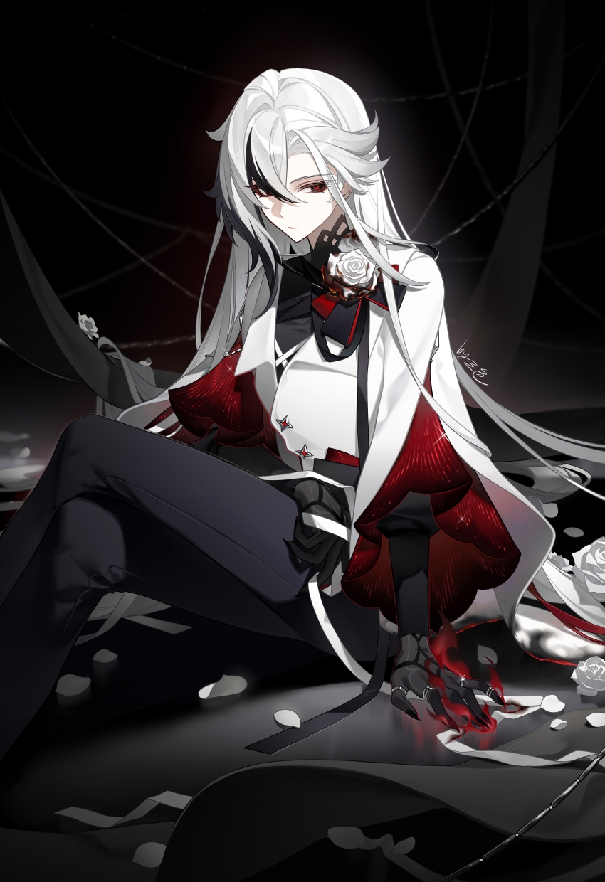1girl absurdres arlecchino_(genshin_impact) arm_rest black_background black_hands black_pants closed_mouth collared_jacket colored_extremities commentary crossed_legs fingernails fire flower genshin_impact grey_hair hair_between_eyes hair_down highres jacket jewelry knees_up long_hair long_sleeves looking_down looking_to_the_side multicolored_clothes multicolored_hair multiple_rings on_ground pants red_lips red_pupils ribbon ring rose sanseling shade sharp_fingernails side_slit signature sitting solo streaked_hair symbol-only_commentary symbol-shaped_pupils white_flower white_jacket white_ribbon white_rose wide_sleeves x-shaped_pupils x_x