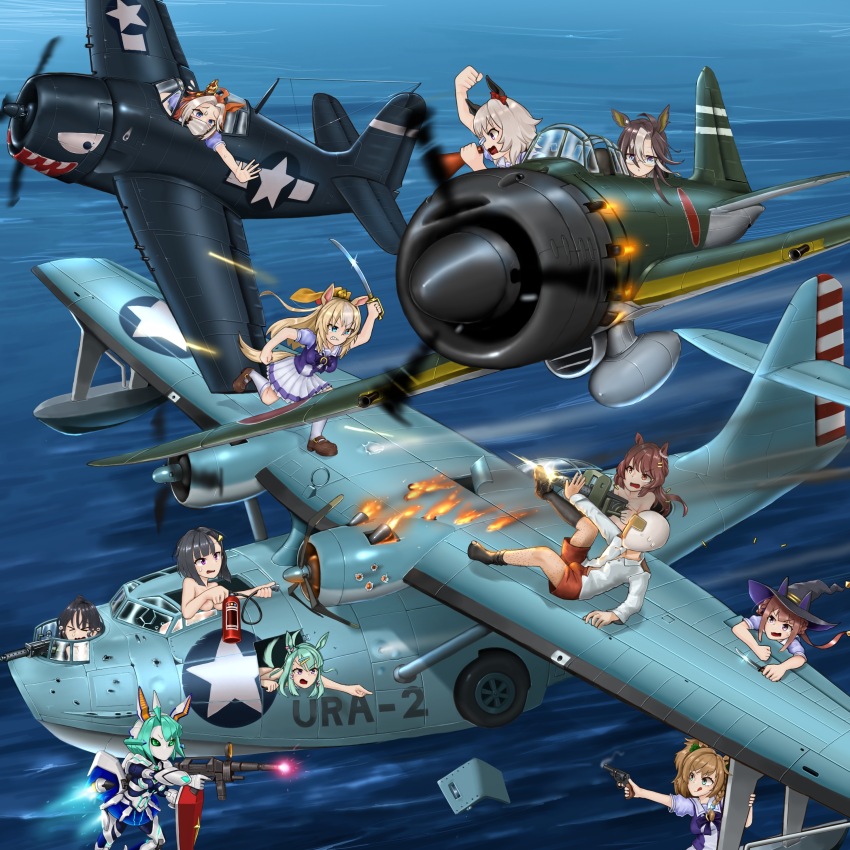 1boy 6+girls 96sikisuzume :p a6m_zero absurdres aircraft airplane angry animal_ears battle blonde_hair blue_eyes breasts brown_hair commentary_request curren_chan_(umamusume) dream_journey_(umamusume) durandal_(umamusume) f6f_hellcat flying flying_boat green_hair grey_hair gun handgun highres horse_ears machine_gun medium_hair multiple_girls orfevre_(umamusume) pby_catalina revolver school_uniform seaplane sugar_lights_(umamusume) sweep_tosho_(umamusume) sword tongue tongue_out tracen_school_uniform trainer_(umamusume) umamusume weapon