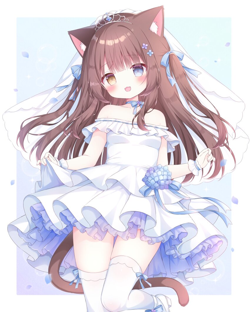 1girl :d absurdres animal_ear_fluff animal_ears bare_shoulders blush bow breasts brown_eyes brown_hair cat_ears cat_girl cat_tail choker cleavage collarbone dress fang flower frilled_dress frills full_body gloves hair_between_eyes hair_bow hair_flower hair_ornament hair_ribbon highres holding long_hair looking_at_viewer medium_breasts open_mouth original ribbon shoes skirt skirt_hold sleeveless sleeveless_dress small_breasts smile solo standing strapless strapless_dress tail thighhighs underwear usami_cocoa very_long_hair wedding_dress white_dress white_flower white_gloves