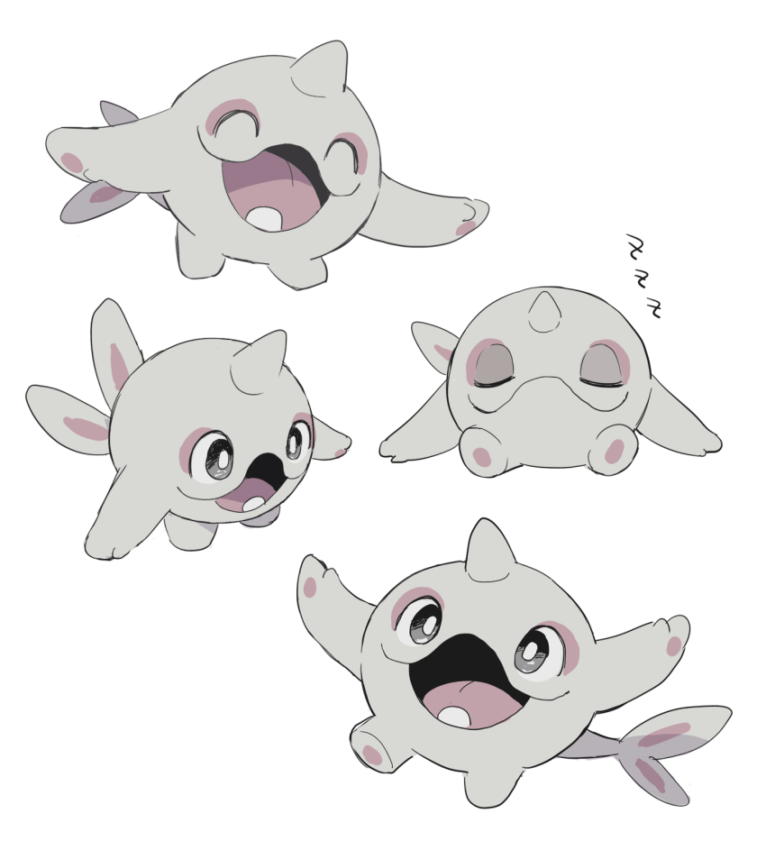 50yen_(gojiue) ^_^ bright_pupils cetoddle closed_eyes closed_mouth commentary_request fang grey_eyes highres multiple_views nintendo no_humans pokemon pokemon_(creature) simple_background sleeping smile tongue white_background white_pupils zzz