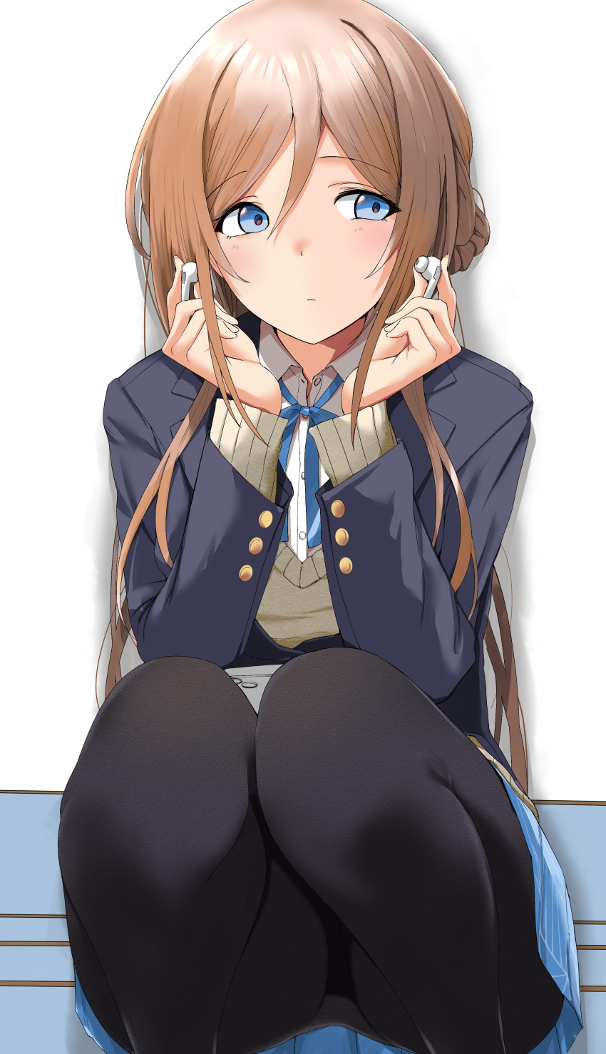 1girl absurdres black_pantyhose blazer blue_eyes blue_jacket blue_ribbon blue_skirt brown_hair cellphone earphones gakuen_idolmaster hatsuboshi_gakuen_school_uniform highres himesaki_rinami holding holding_earphones idolmaster jacket long_hair neck_ribbon p.i.t.d pantyhose phone ribbon school_uniform shirt skirt solo squatting sweater very_long_hair white_shirt wireless_earphones yellow_sweater