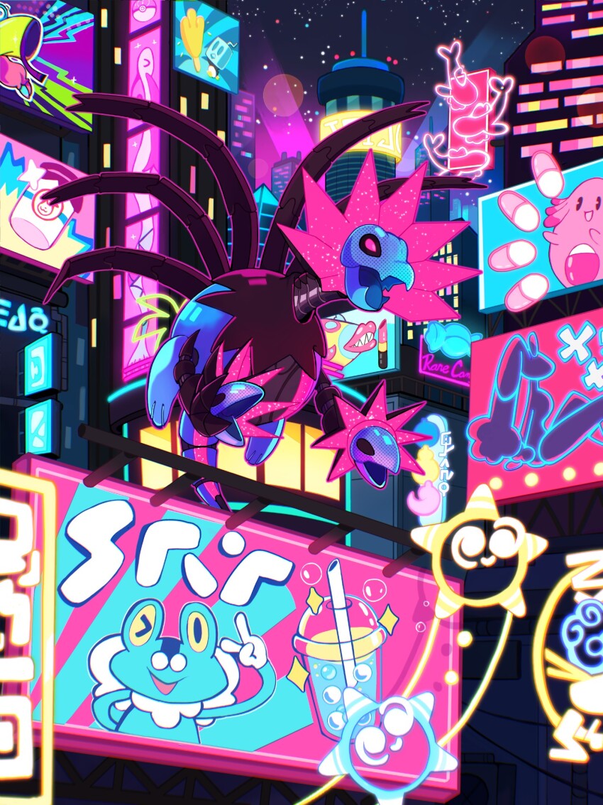 architecture billboard bottle bruxish building chansey city city_lights eiscue eiscue_(ice) froakie gen_1_pokemon gen_4_pokemon gen_6_pokemon gen_7_pokemon gen_8_pokemon glowing highres iono_(pokemon) iron_jugulis lipstick lopunny makeup milk_bottle minior minior_(core) moomoo_milk neon_lights night night_sky nintendo no_humans one_eye_closed pink_eyes pokemon pokemon_(creature) pokemon_sv rare_candy sky slushie taplaos tatsugiri v