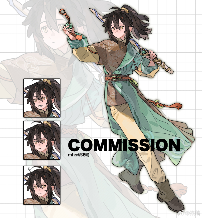 1boy absurdres aqua_hanfu black_hair boots charm_(object) chinese_clothes commission copyright_request hanfu highres jade_(gemstone) jian_(weapon) layered_shirt long_hair multiple_views pants ponytail qi_shima sword weapon yaopei zoom_layer