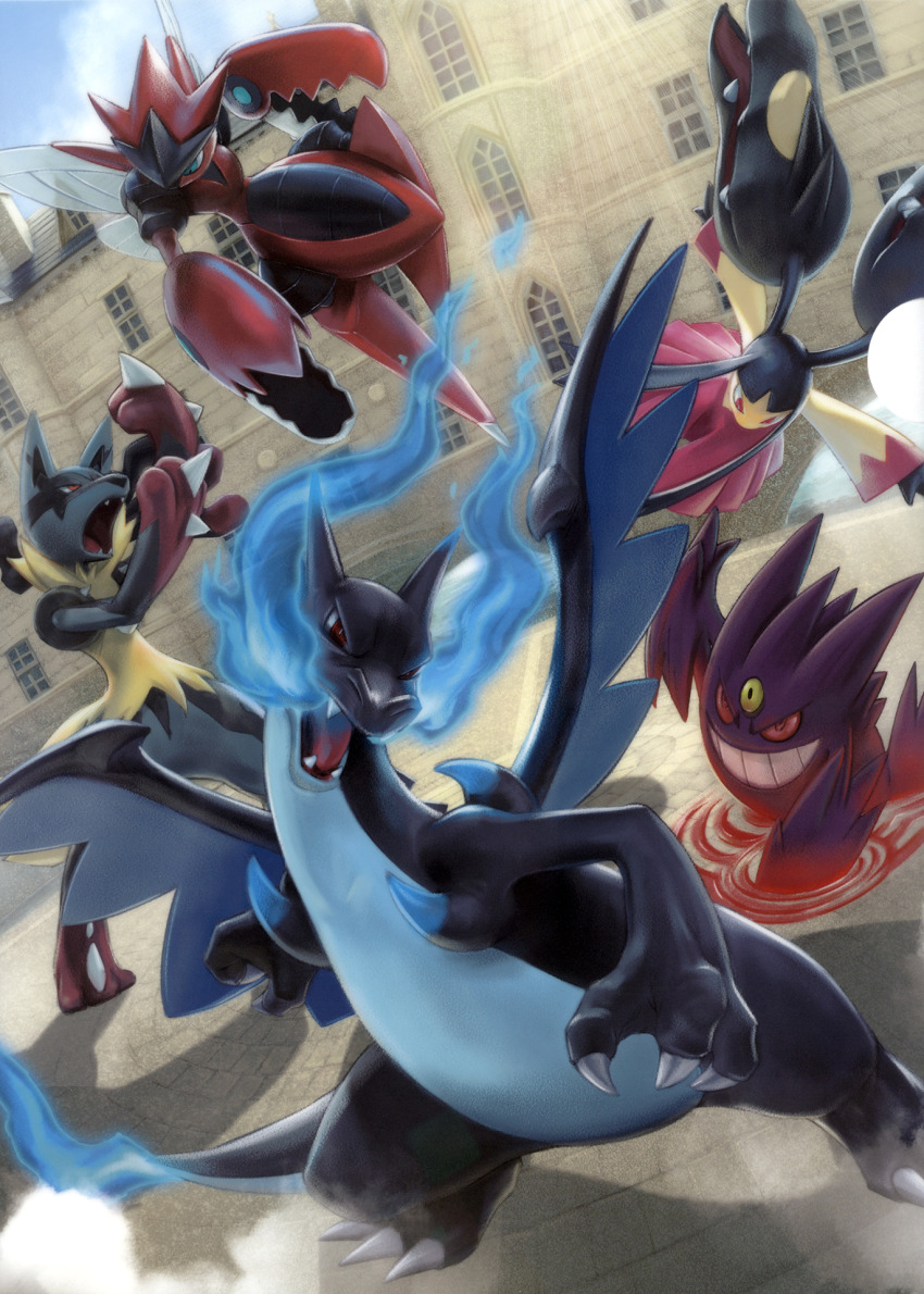 arita_mitsuhiro blue_eyes blue_fire blue_sky building charizard claws cloud creatures_(company) dragon dragon_wings fangs fighting fire flame-tipped_tail game_freak gen_1_pokemon gen_2_pokemon gen_3_pokemon gen_4_pokemon gengar grin highres insect_wings lucario mawile mega_charizard_x mega_gengar mega_lucario mega_mawile mega_pokemon mega_scizor nintendo no_humans official_art open_mouth pincers pokemon pokemon_(creature) pokemon_focus red_eyes scizor shadow sky smile sunlight teeth third-party_source third_eye v-shaped_eyes window wings
