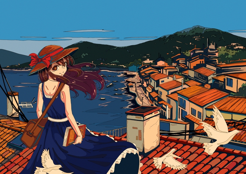 1girl artdroiiid_ii bag beach belt bird blue_dress blue_sky book bow brown_bag brown_eyes brown_hair building chimney closed_mouth cloud commentary day dove dress english_commentary eyelashes floating_clothes floating_hair forest from_behind hat hat_bow hat_ribbon highres hill holding holding_book house long_hair looking_at_viewer looking_back mountainous_horizon nature ocean on_roof original outdoors power_lines red_bow red_ribbon ribbon scenery shoulder_bag sky sleeveless sleeveless_dress smile solo split_mouth standing sun_hat town tree turning_head utility_pole waves white_belt wide_shot wind