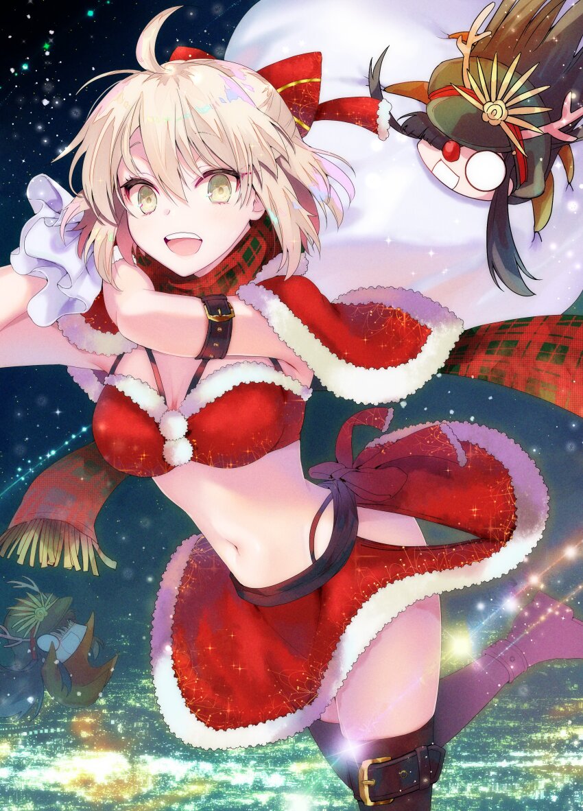 2girls absurdres ahoge bikini black_hair blonde_hair bow breasts brown_eyes capelet christmas crest fake_antlers family_crest fate/grand_order fate_(series) fringe_trim fur-trimmed_bikini fur-trimmed_capelet fur-trimmed_gloves fur-trimmed_skirt fur_trim gloves green_headwear hair_between_eyes hair_bow hands_up hat highres holding holding_sack long_hair medium_breasts midriff miniskirt multiple_girls navel night oda_nobunaga_(fate) oda_nobunaga_(koha-ace) oda_uri okita_souji_(fate) okita_souji_(koha-ace) peaked_cap plaid_clothes plaid_scarf red_bikini red_bow red_capelet red_gloves red_nose red_skirt sack santa_bikini santa_costume scarf skirt smile swimsuit thighhighs tomozero very_long_hair