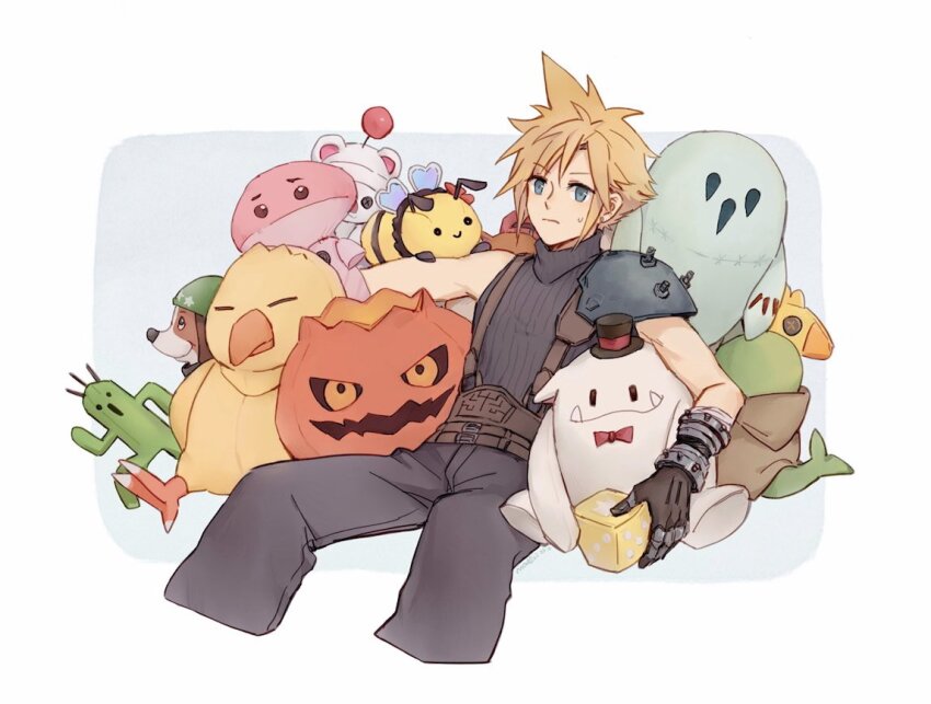 1boy armor belt blonde_hair blue_eyes bomb_(final_fantasy) bow bowtie cloud_strife dice earrings fat_chocobo final_fantasy final_fantasy_vii final_fantasy_vii_remake gloves hat holding holding_dice jewelry male_focus maoli45222137 moogle multiple_belts red_bow sabotender shirt short_hair shoulder_armor single_earring single_shoulder_pad sitting sleeveless sleeveless_turtleneck spiked_hair stamp_(ff7) stuffed_toy suspenders sweatdrop tonberry top_hat turtleneck