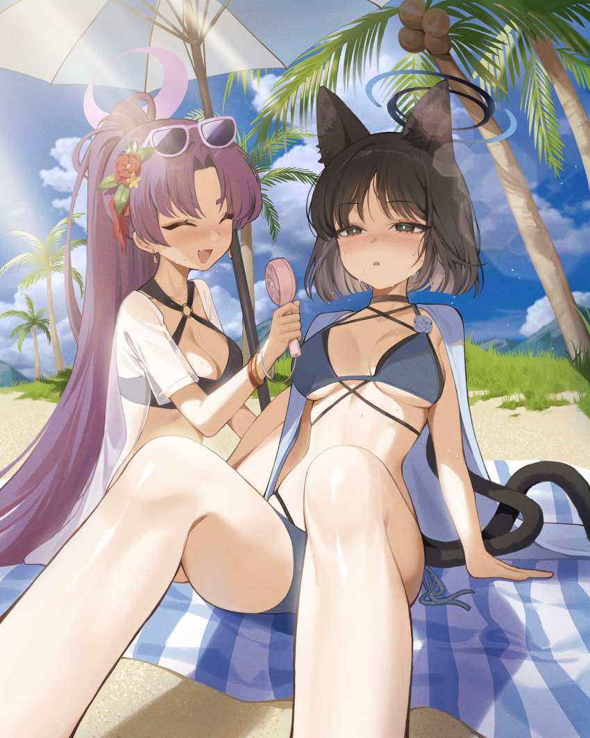 2girls absurdres animal_ear_fluff animal_ears beach beach_umbrella bikini black_eyes black_hair blue_archive closed_eyes cloud cloudy_sky ddungddang grass halo highres kikyou_(blue_archive) long_hair medium_hair multiple_girls palm_tree purple_hair sitting skindentation sky swimsuit tail tree umbrella very_long_hair yukari_(blue_archive)