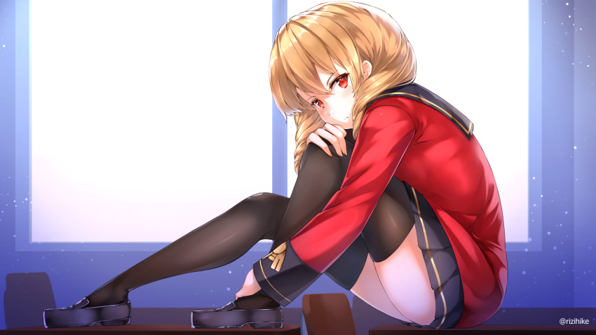 1girl blonde_hair blush classroom clip_studio_paint commission desk drill_hair erika_wagner female_focus flats highres long_hair looking_at_viewer red_eyes rizihike school_desk sitting sitting_on_object skirt solo stretching thighhighs thighs twin_drills twintails under_night_in-birth under_night_in-birth_exe:late[st] window