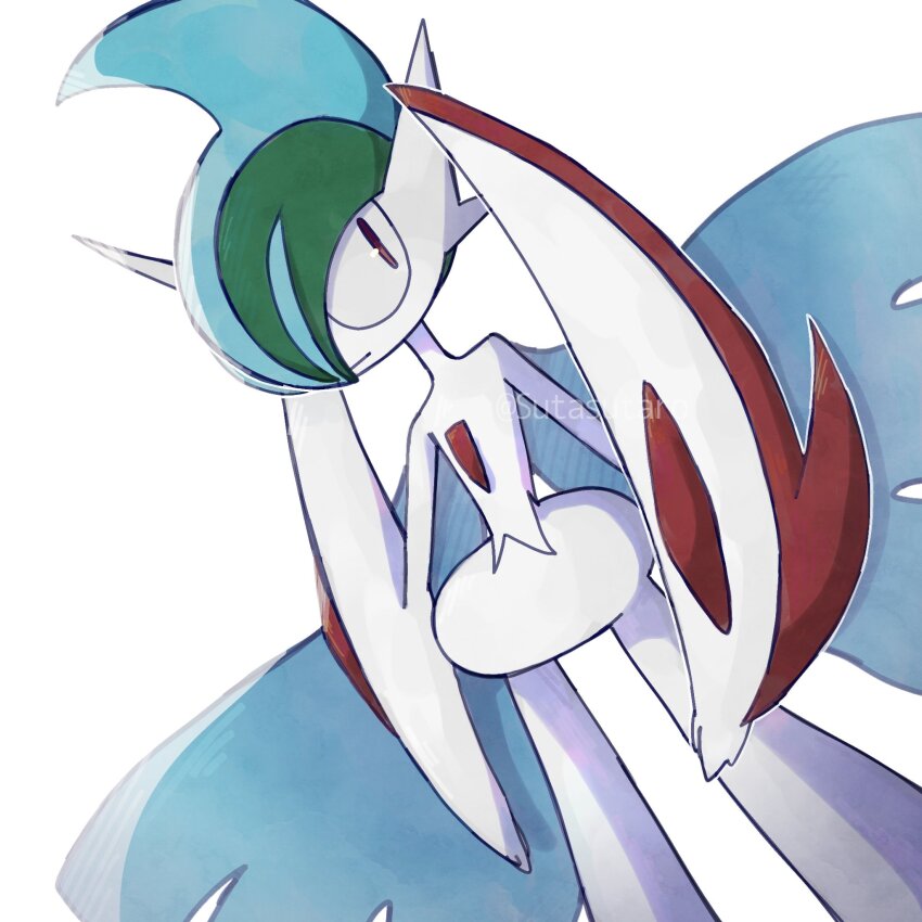 arm_blade artist_name cape colored_skin gallade gen_4_pokemon green_hair hair_over_one_eye highres mega_gallade mega_pokemon nintendo pokemon pokemon_(creature) simple_background sutasutaro weapon white_background white_cape white_skin
