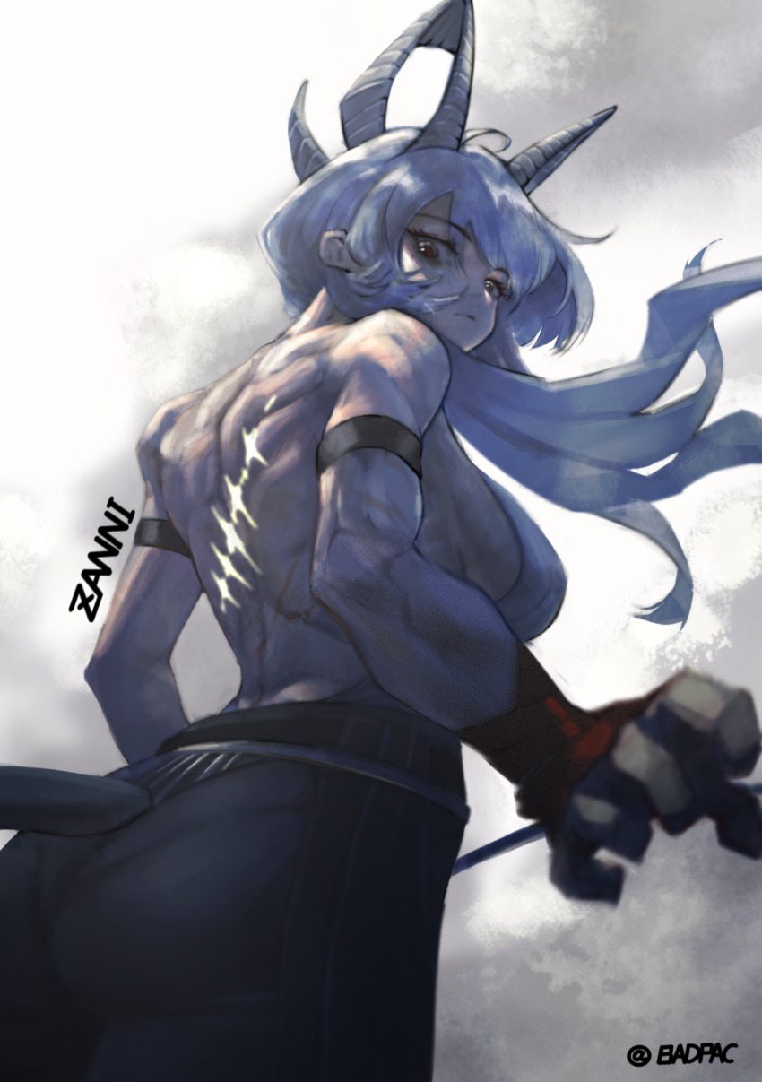 1girl arm_strap back backless_shirt badpac bare_back bare_shoulders black_gloves black_horns black_pants black_tail breasts character_name commentary cowboy_shot curled_horns gloves highres horns large_breasts long_hair looking_at_viewer looking_back muscular muscular_female necktie necktie_around_wrists pants red_eyes red_necktie shirt solo tacet_mark_(wuthering_waves) twitter_username white_hair white_shirt wuthering_waves zani_(wuthering_waves)