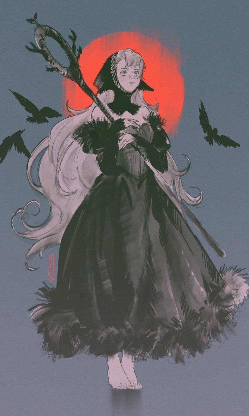1girl asymmetrical_bangs bare_shoulders barefoot bird blonde_hair breasts cheseely closed_mouth detached_hood detached_sleeves dress dungeon_meshi ear_covers elf full_body fur-trimmed_dress fur_trim greyscale_with_colored_background highres holding holding_staff hood hood_up long_hair looking_ahead marcille_donato marcille_donato_(lord) medium_breasts monochrome official_alternate_costume pointy_ears red_sun spoilers sprout staff very_long_hair