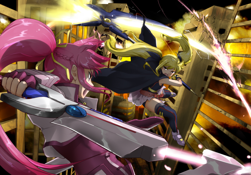 2girls action ban_(777purin) bardiche_(nanoha) bardiche_(scythe_form)_(nanoha) battle belt black_cape black_gloves black_legwear black_leotard blonde_hair braid brown_belt building cape cropped_jacket destruction dress ener energy_weapon fate_testarossa fate_testarossa_(lightning_form)_(2nd) fingerless_gloves flying foreshortening frown gauntlets gloves hair_ribbon holding holding_scythe holding_sword holding_weapon jacket laevatein_(nanoha) leotard light_particles long_hair looking_at_another lyrical_nanoha magical_girl mahou_shoujo_lyrical_nanoha mahou_shoujo_lyrical_nanoha_a&#039;s mahou_shoujo_lyrical_nanoha_the_movie_2nd_a&#039;s miniskirt multiple_girls open_mouth overskirt pink_dress pink_gloves pink_jacket pink_skirt pleated_skirt red_eyes red_hair ribbon scythe signum skirt sleeveless sword thighhighs twintails unsheathed v-shaped_eyebrows weapon yellow_ribbon
