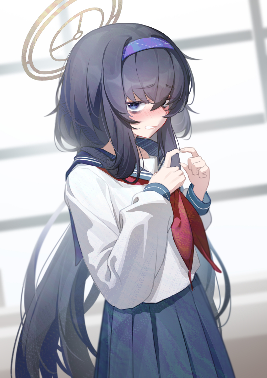 1girl absurdres alternate_costume black_hair blue_archive blue_eyes blue_sailor_collar blue_skirt blush clenched_teeth hairband highres index_fingers_together long_hair looking_at_viewer neckerchief pleated_skirt purple_hairband red_neckerchief sailor_collar saw272 shirt sidelocks skirt solo teeth ui_(blue_archive) very_long_hair white_shirt